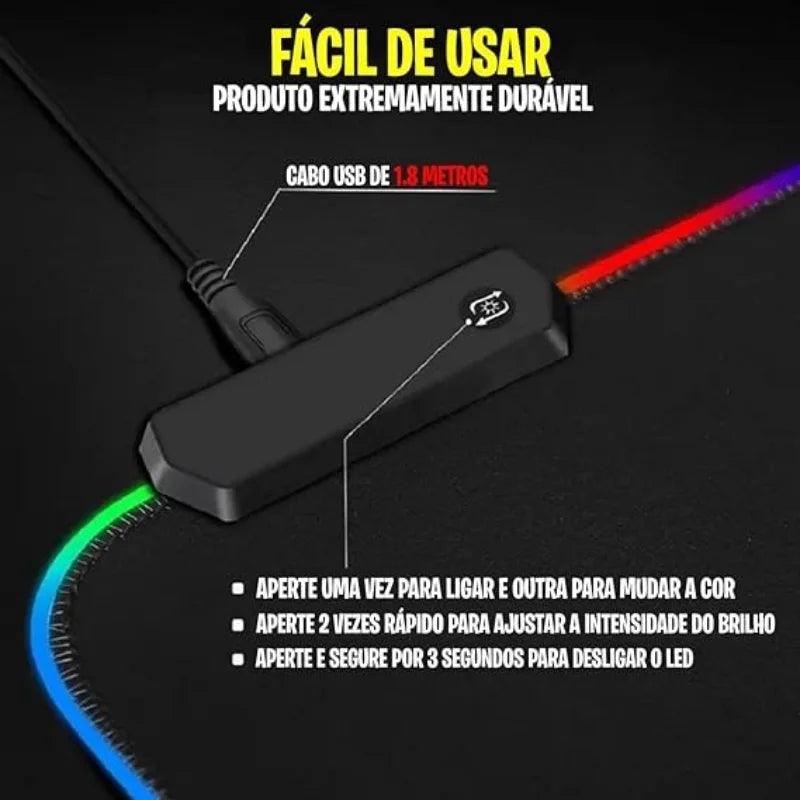 Mousepad Gamer LED Edge RGB 7 Cores Grande USB Antiderrapante 80x30cm