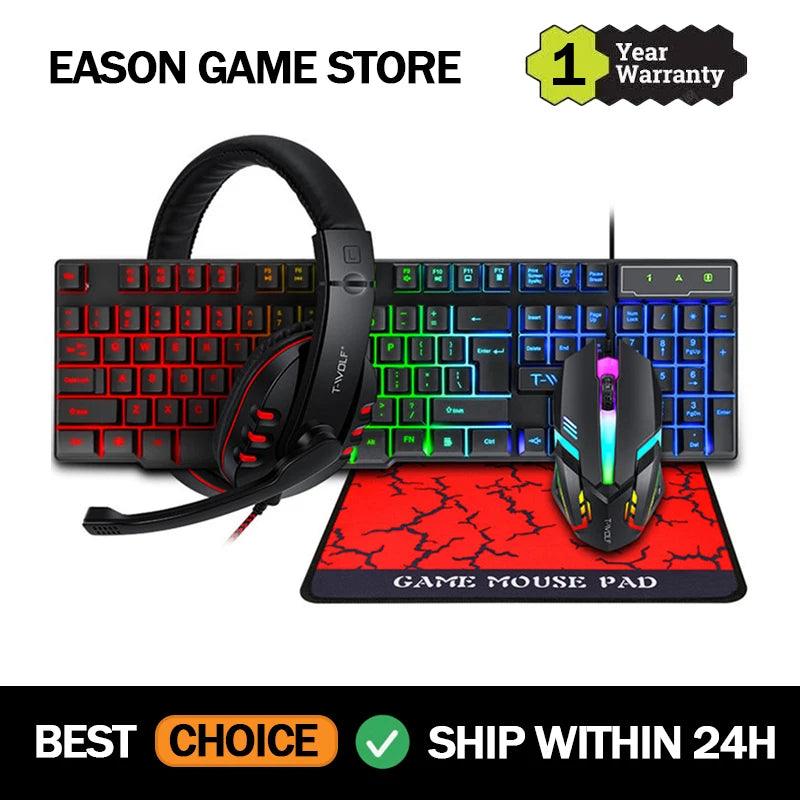 Teclado Mouse Suit Kit 4 em 1 Jogo Com Fio RGB Retroiluminação USB Inglês Mecânico Sensação Teclado Combo para PC Laptop