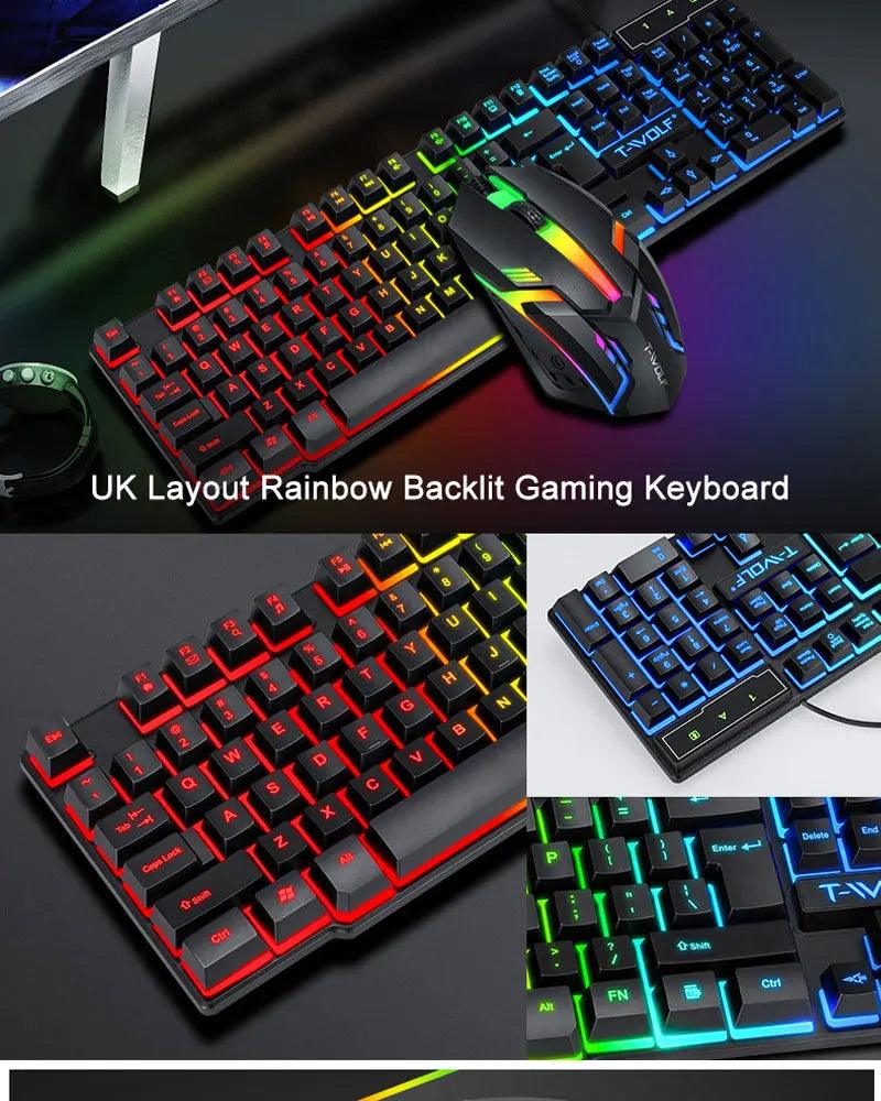 Teclado Mouse Suit Kit 4 em 1 Jogo Com Fio RGB Retroiluminação USB Inglês Mecânico Sensação Teclado Combo para PC Laptop
