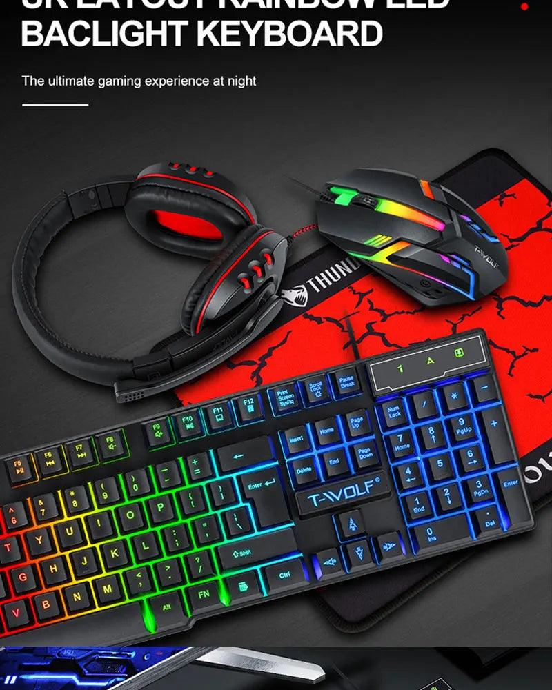 Teclado Mouse Suit Kit 4 em 1 Jogo Com Fio RGB Retroiluminação USB Inglês Mecânico Sensação Teclado Combo para PC Laptop