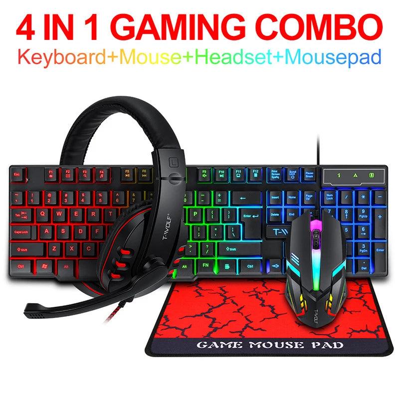 Teclado Mouse Suit Kit 4 em 1 Jogo Com Fio RGB Retroiluminação USB Inglês Mecânico Sensação Teclado Combo para PC Laptop
