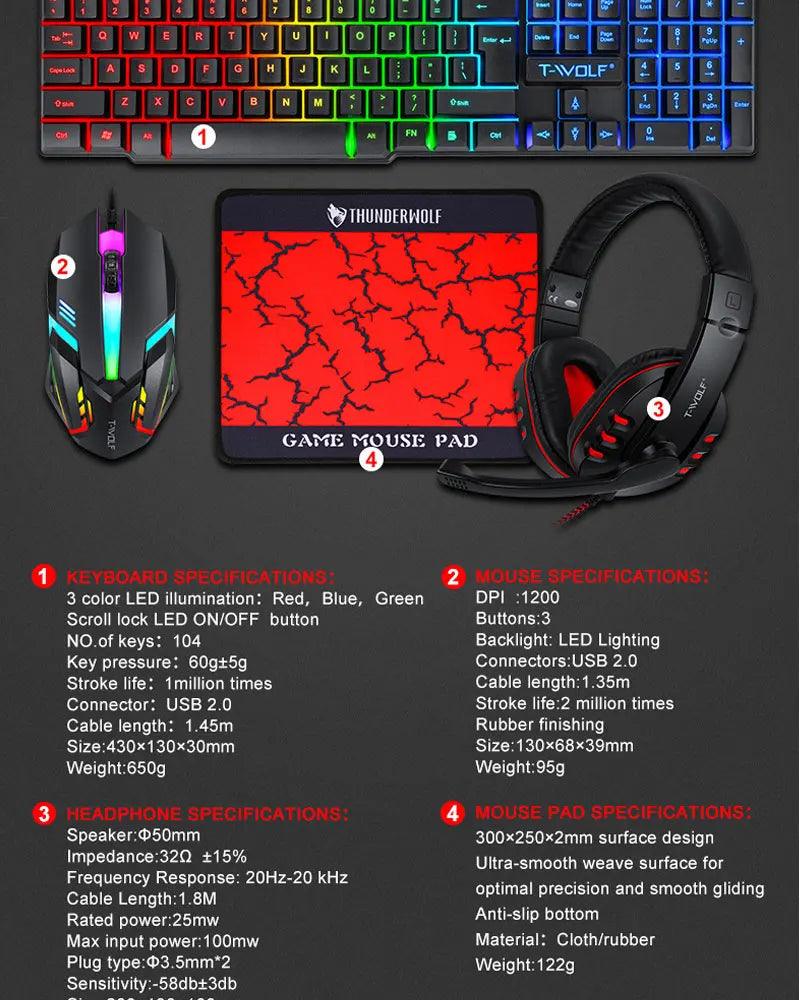 Teclado Mouse Suit Kit 4 em 1 Jogo Com Fio RGB Retroiluminação USB Inglês Mecânico Sensação Teclado Combo para PC Laptop