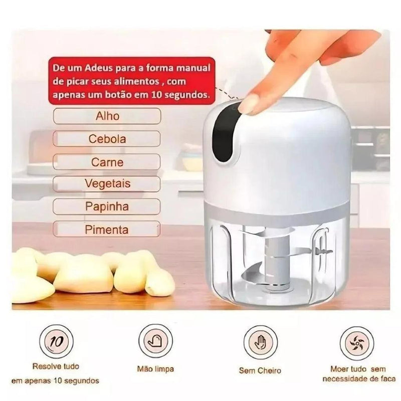 Mini Processador Elétrico de Alimentos Portátil com 3 lâminas de aço inox USB 250 ml Bivolt